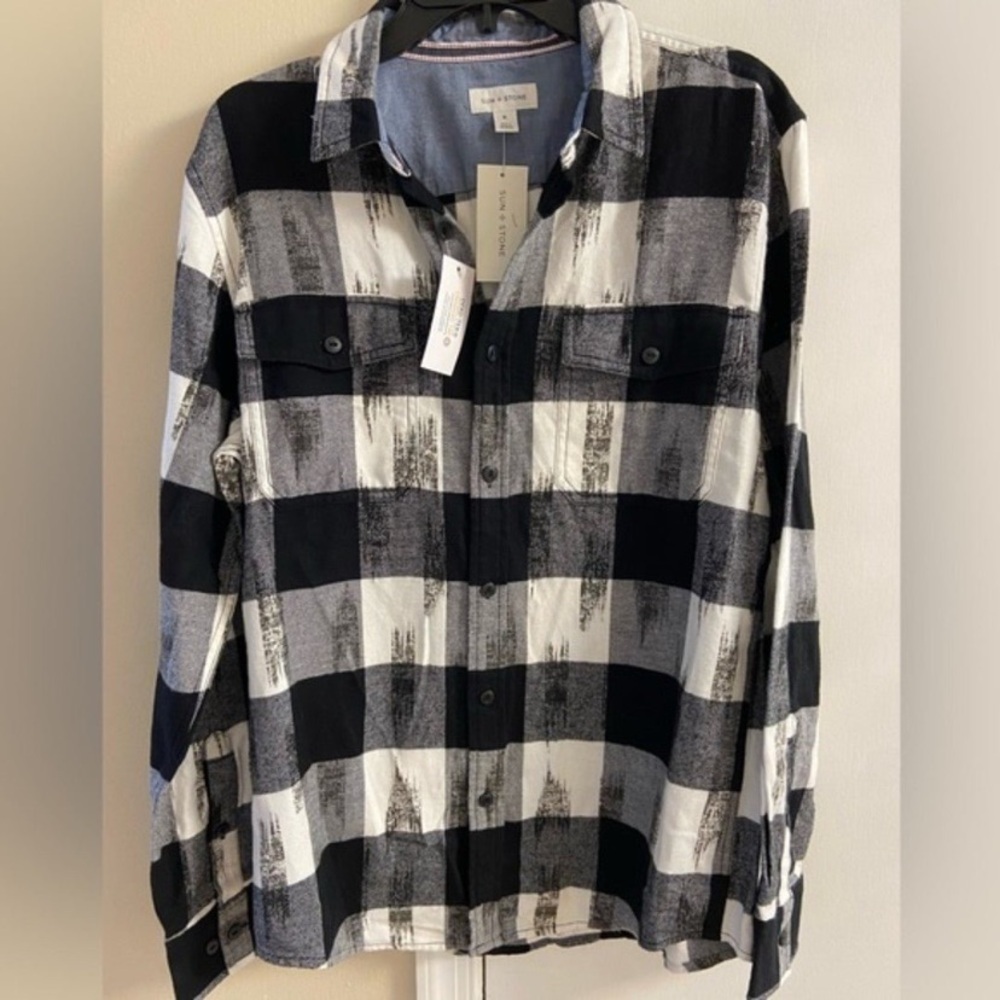 Sun + Stone Monochrome Plaid Button-Down Shirt Medium